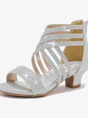 Girls Silver Rhinestone Strappy Low Heel Dress Sandals